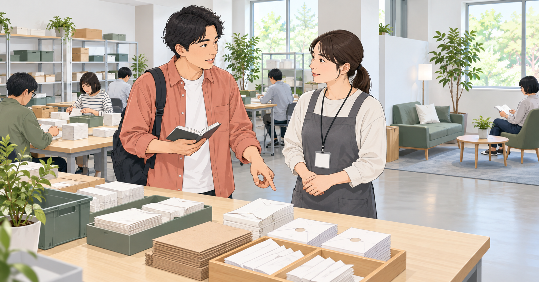 成人の見学者が作業の見本を指し、職員と作業環境や休憩場所について話すイラスト