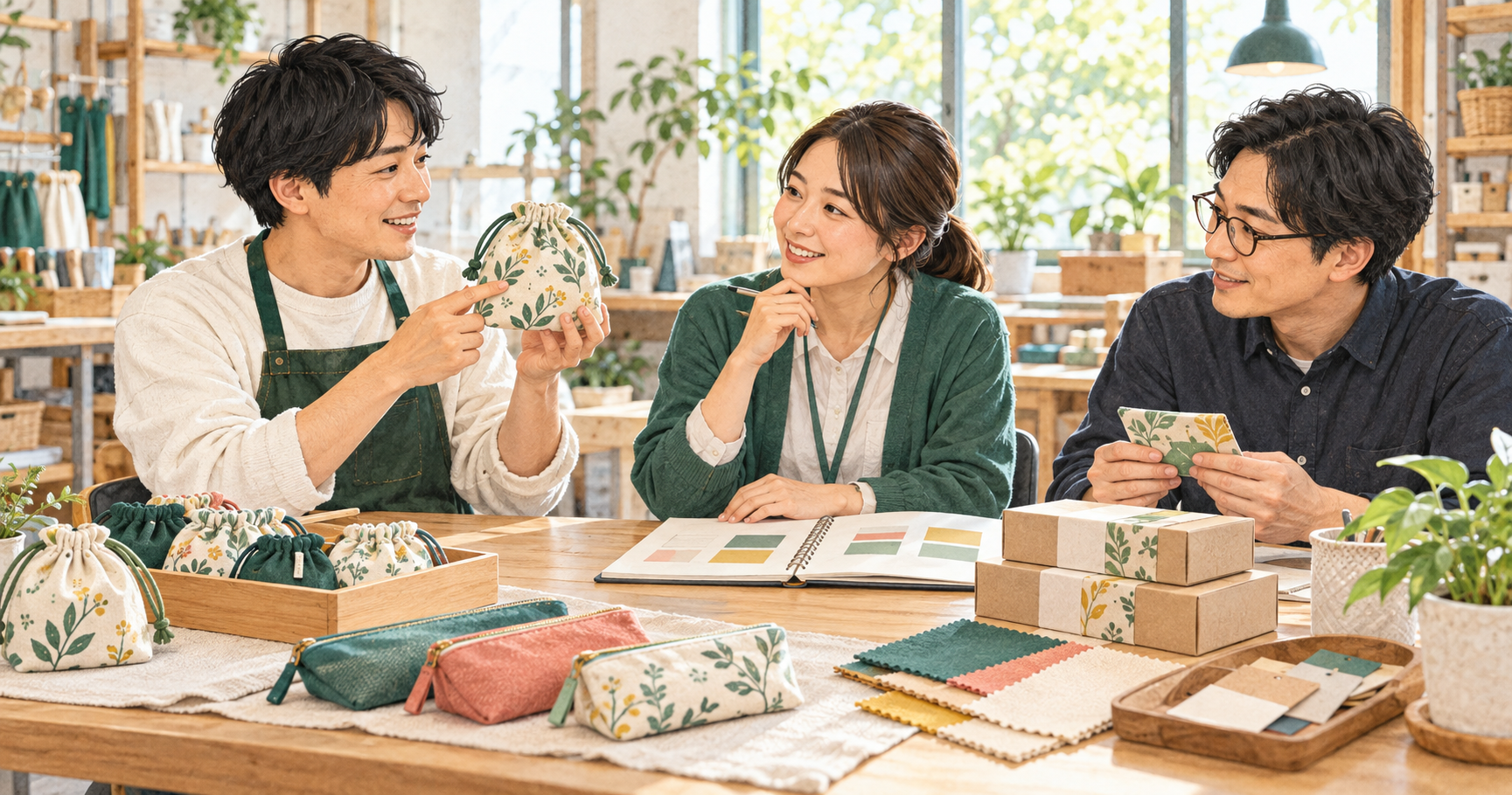作り手と支援・事業担当者が布小物の商品や包装、計画のノートを一緒に見比べるイメージ