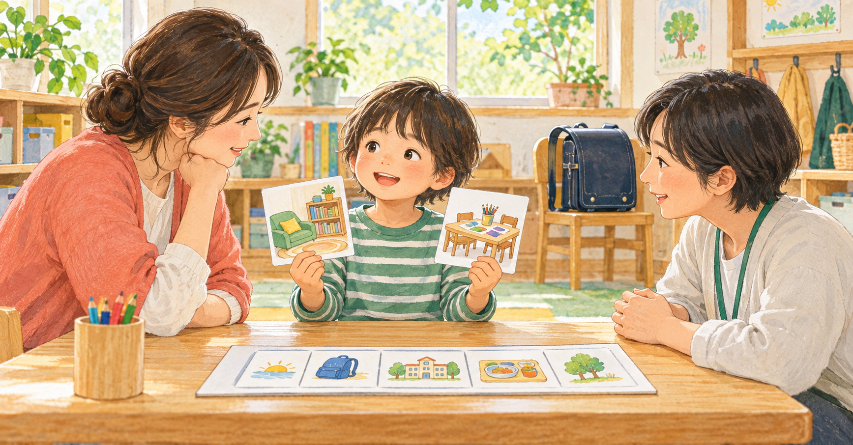 入学後にしたい活動を絵カードで伝える子どもと、同じ目線で聞く保護者・支援者のイラスト