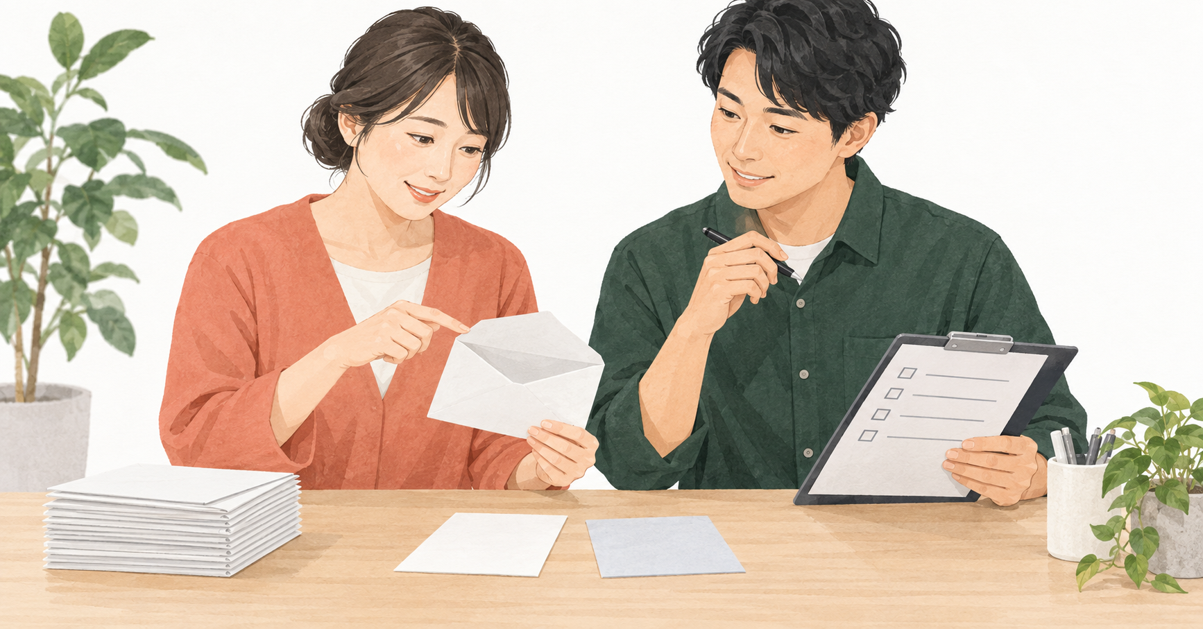 企業と福祉施設の担当者が封入作業の見本と確認項目を一緒に見比べるイラスト