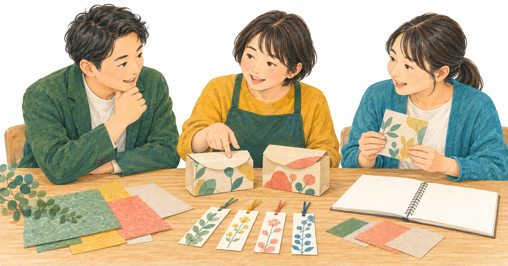 企業担当者と作り手、支援担当者がギフト箱の試作品と紙の素材を見比べて相談するイラスト