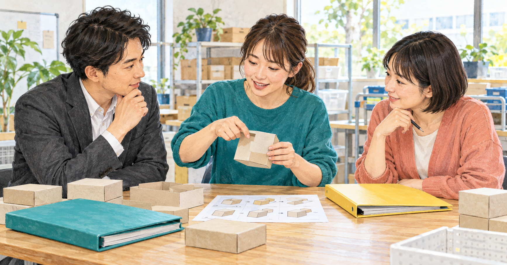作業手順を示す本人と、企業・支援の担当者が契約書類と仕事の内容を話し合うイラスト