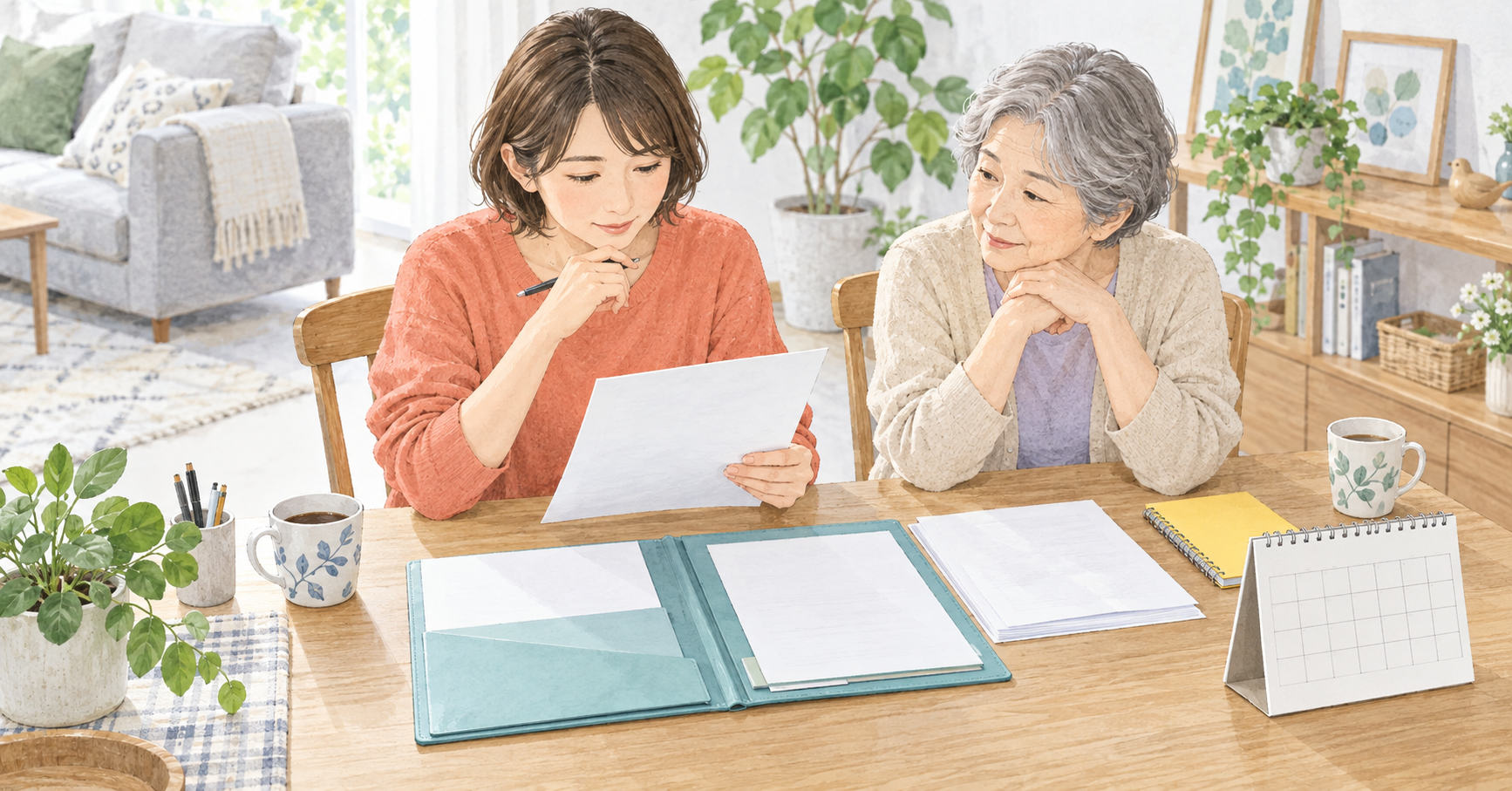 受給者証の申請に向けて、本人が家族と書類や予定を確認するイラスト