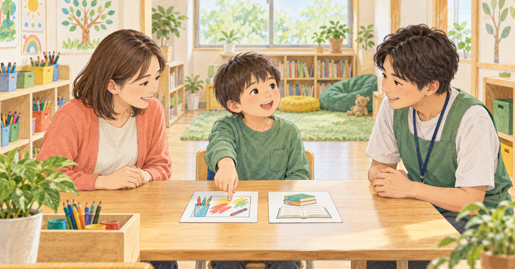 子どもが絵カードで活動を選び、保護者と支援員が希望を聞くイラスト