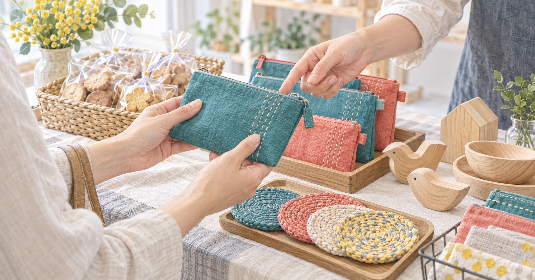 布小物の縫い目を確かめる買い手と、素材を説明する作り手の手元。菓子や木製品が並ぶイメージ