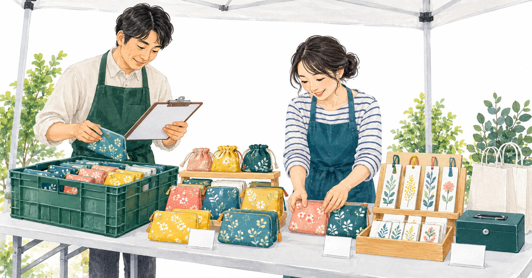 販売会の開店前に、作り手と担当者が布小物やしおりを並べ、持込商品の数を確かめるイラスト