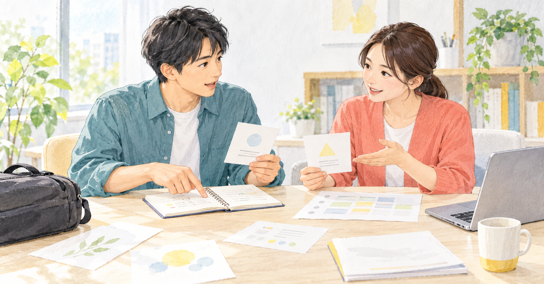 本人が希望を書いたメモと二つの案を見比べ、支援員と通い方を相談するイラスト