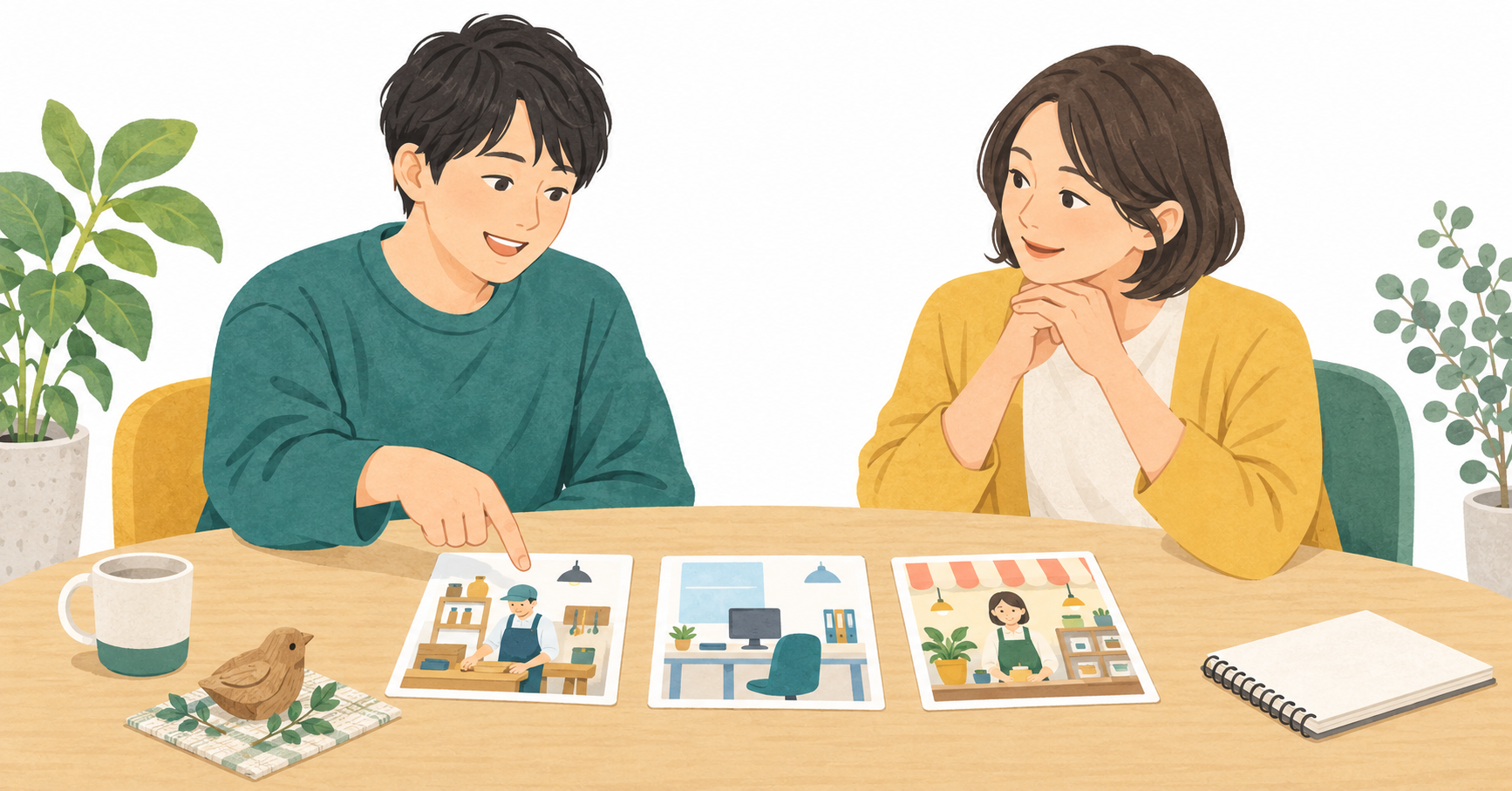 仕事の絵カードを見比べながら、本人の希望を相談員と一緒に整理するイラスト