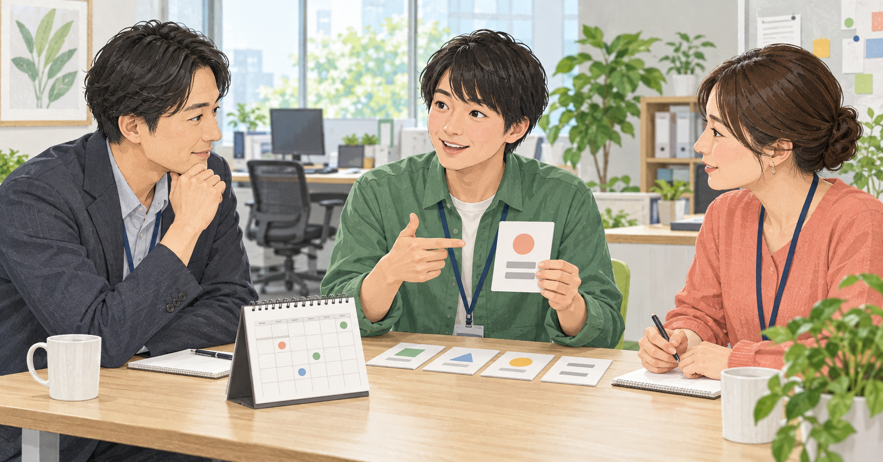 働く本人がカードで希望を伝え、上司と支援員が職場で話を聞くイラスト