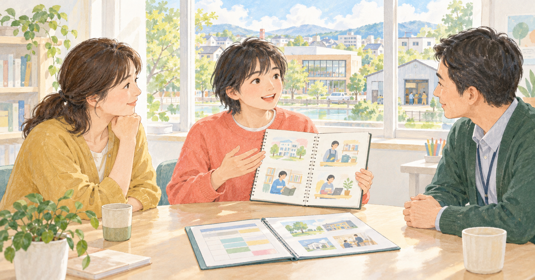 卒業後にしたいことを絵のノートで伝える生徒と、同じ目線で聞く家族・学校の進路担当者のイラスト