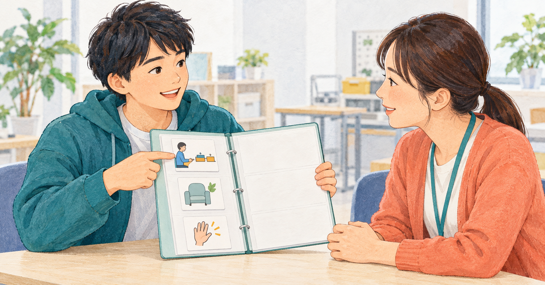支援の絵カードを自分で示す若い成人と、同じ目線で話を聞く引継ぎ先の担当者のイラスト